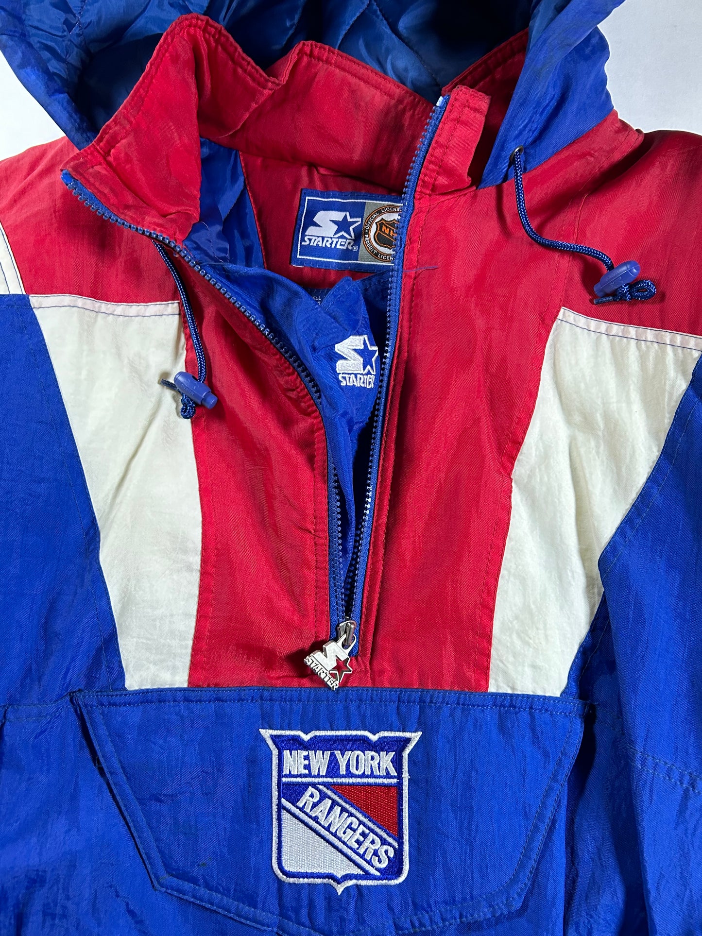 Vintage 90s Starter New York Rangers NHL Pullover Puffer Jacket Half Zip Hooded Jacket XL 29x30.25 Inches