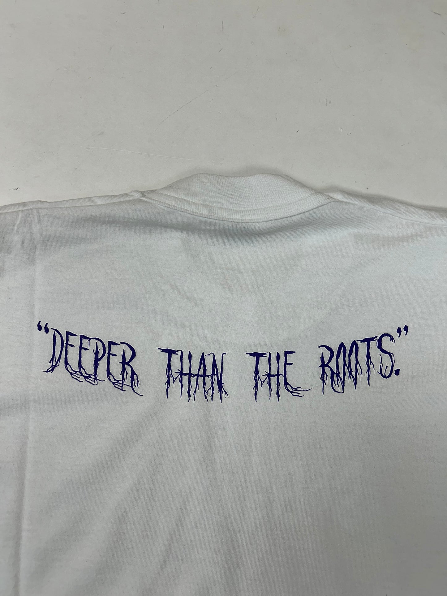Edgewood NJ first edition “Deeper Than The Roots.” Tee 2XL Fit 26.25x30.25 Inches 90s Fruit Of The Loom 50/50 Blend USA White