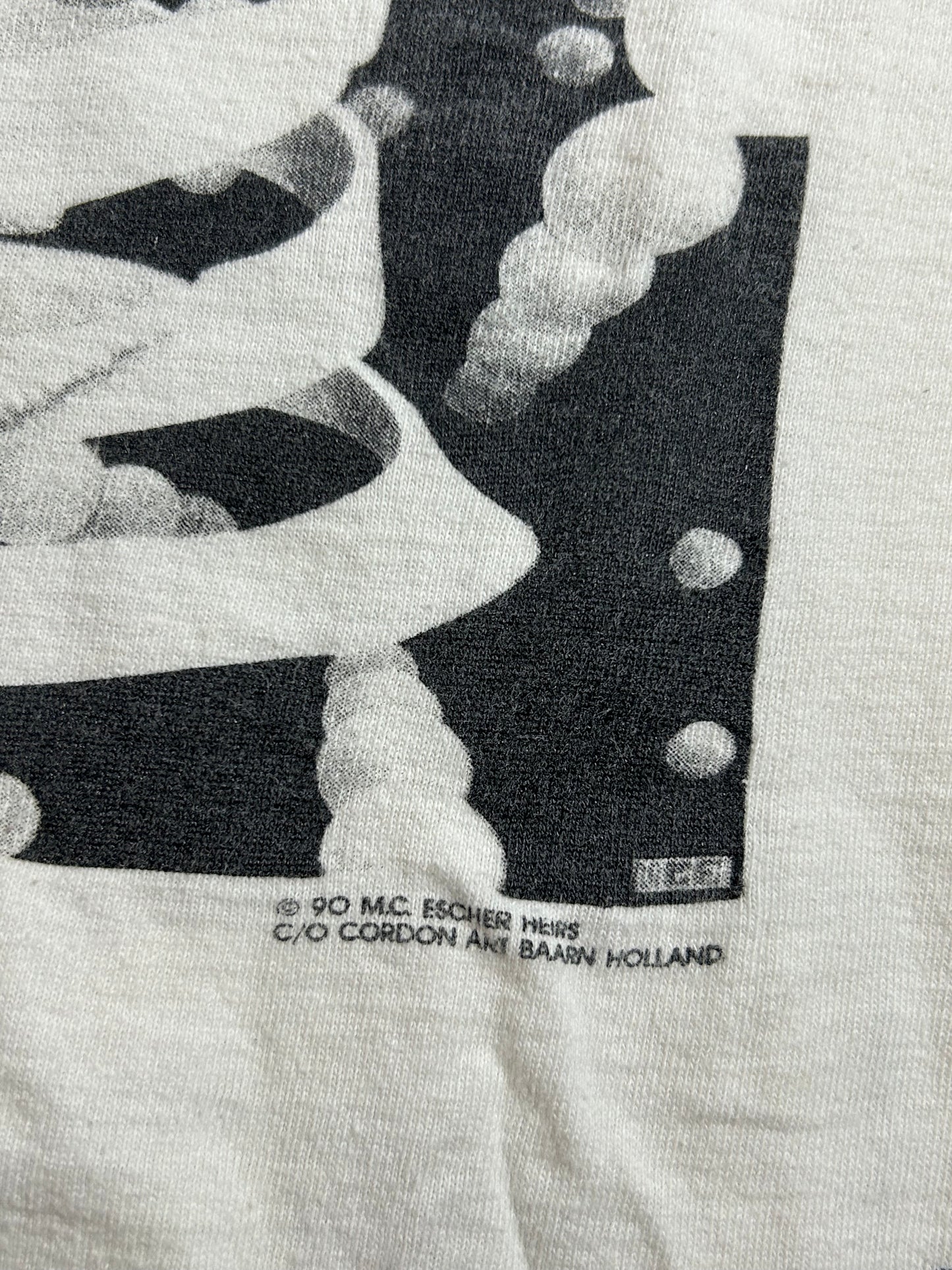 Vintage 1990 M.C. Escher Shirt White All Over Rare Print Art Single Stitch 23x27.75 Inches As Is