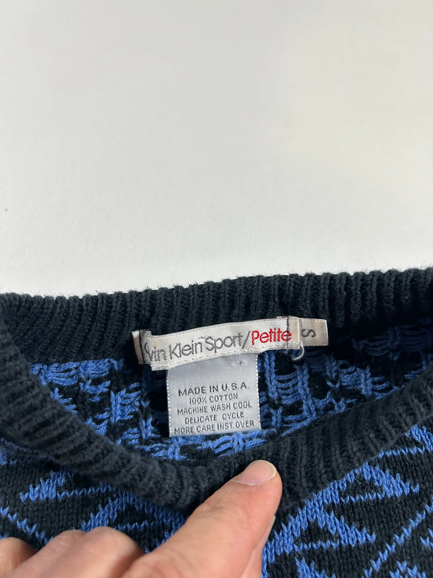 Vintage Calvin Klein Sport Petite Blue Black Geometric 90s USA Made Small Women’s 19x22 Inches