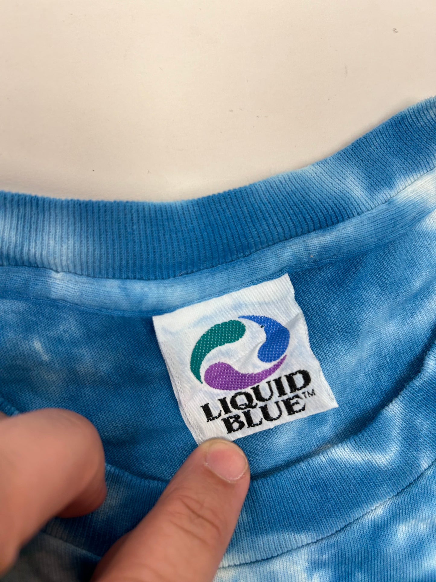 Vintage Liquid Blue Dolphin AOP Blue Ocean Tie Dye Beach Water Shirt Large 22.75xx29.5 Inches USA