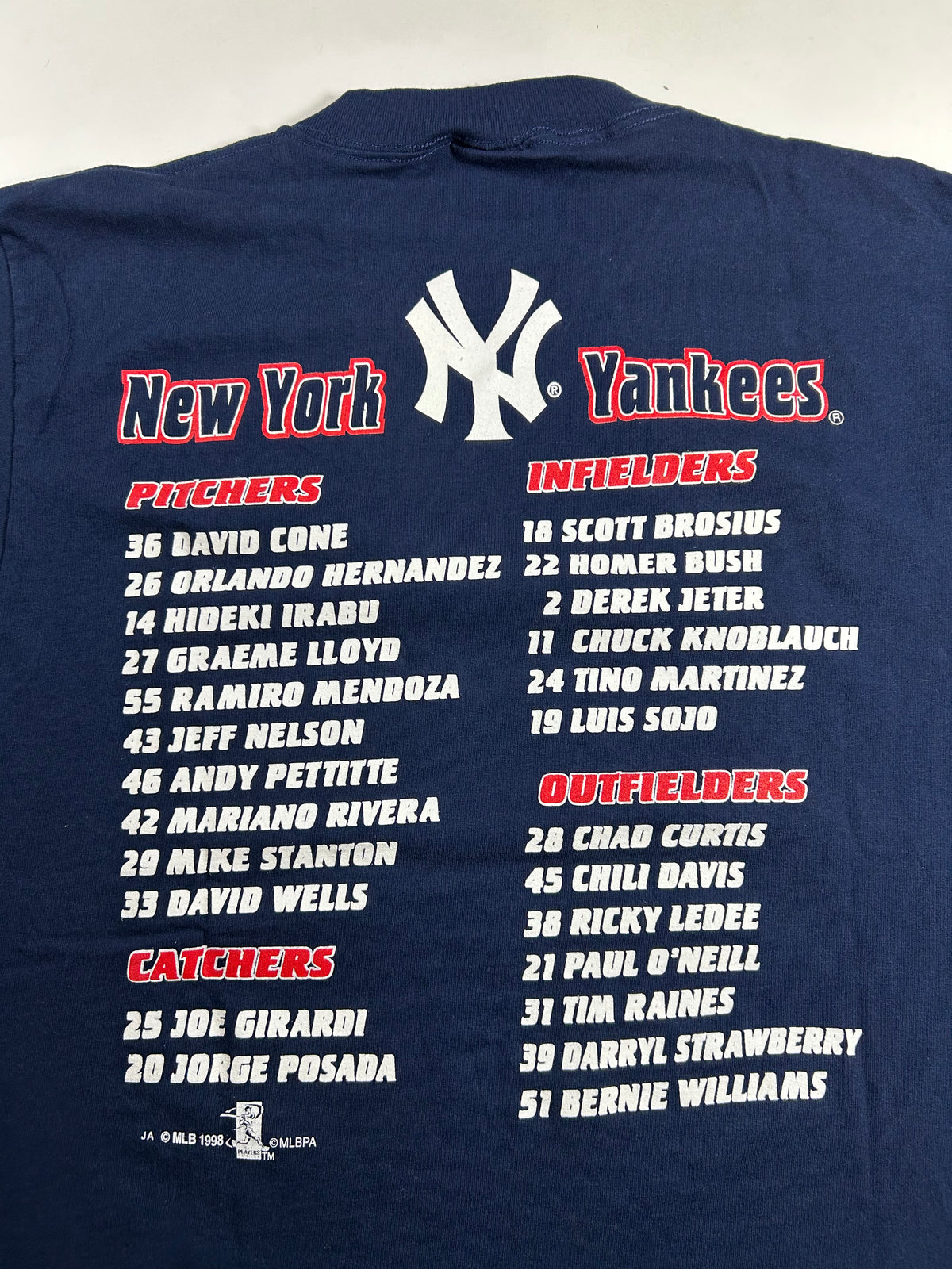 Vintage New York Yankees 1998 World Series Champs Lineup Roster Tee Large 21.25x30.25 Inches