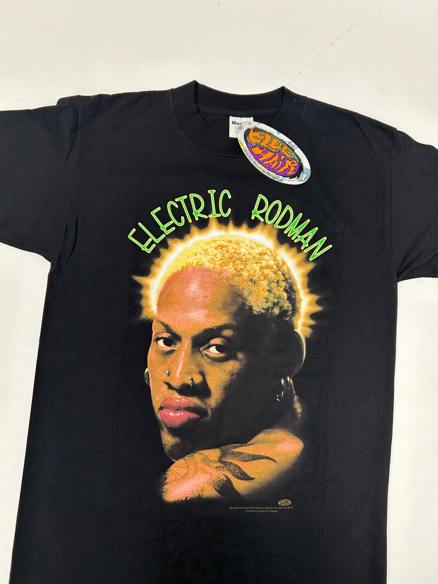 Vintage 1997 Dennis Rodman Electric Rodman Blue Hair Productions Graphic Tee Brand New With Sticker Tag Medium 20x30.25 Inches
