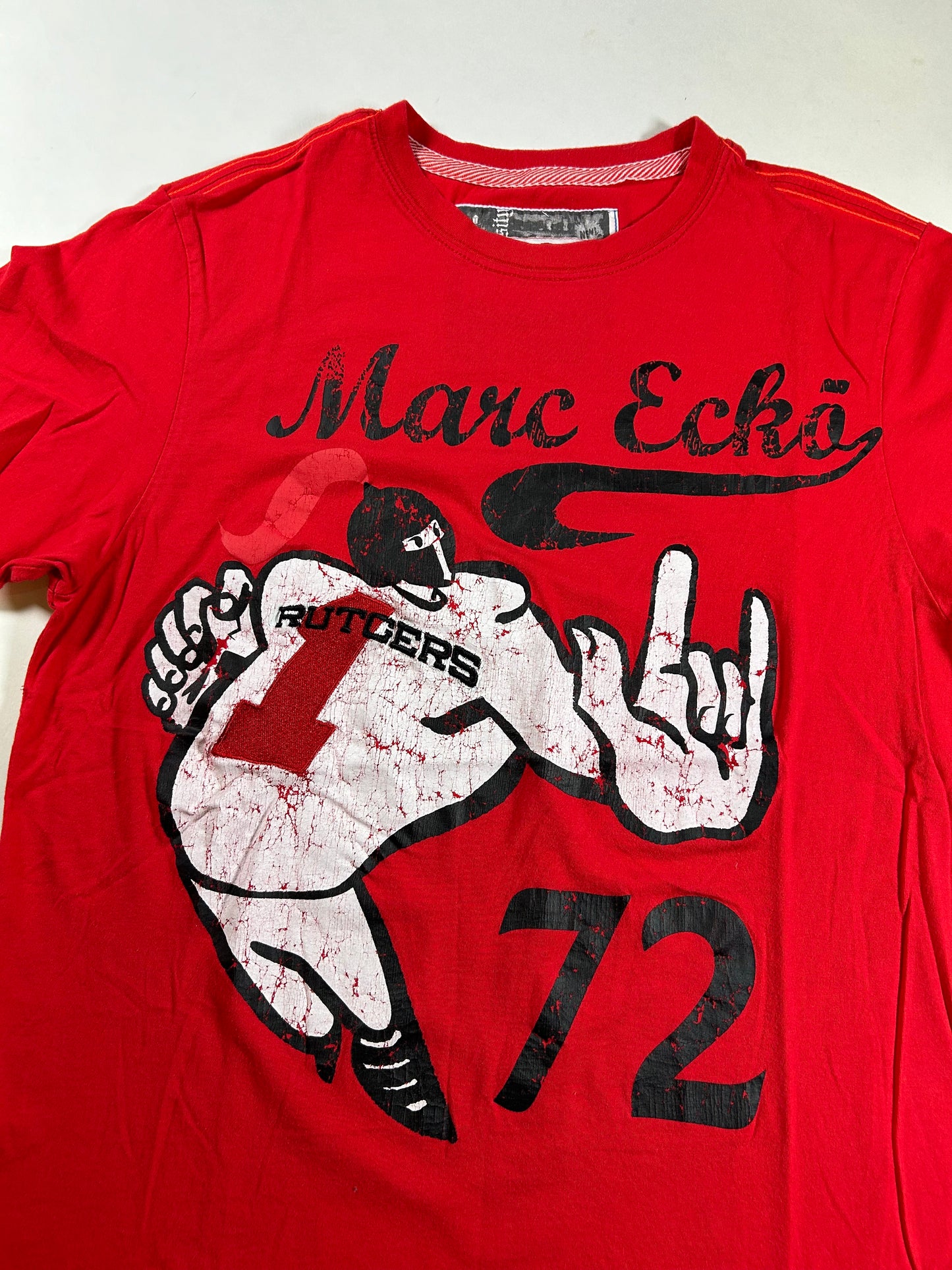 Vintage Eckō Marc Echō Cut & Sew Rutgers University Street Alchemists Football Tee Medium Fit 19.75x28 Inches Red
