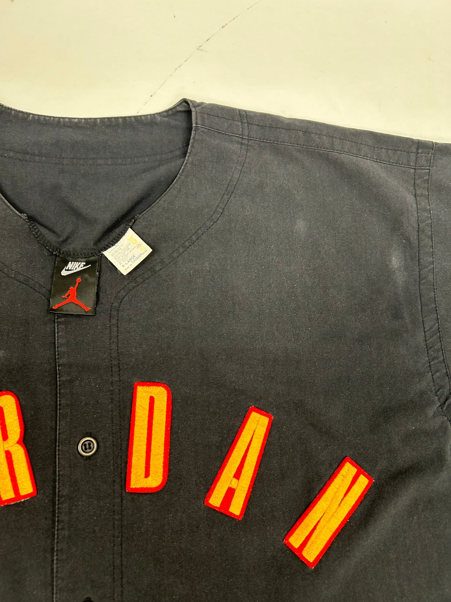 Vintage Nike Air Jordan 'Spellout Logo' Baseball Jersey Black 1991 Rare XL 26.75x32.75/35.25 Inches.