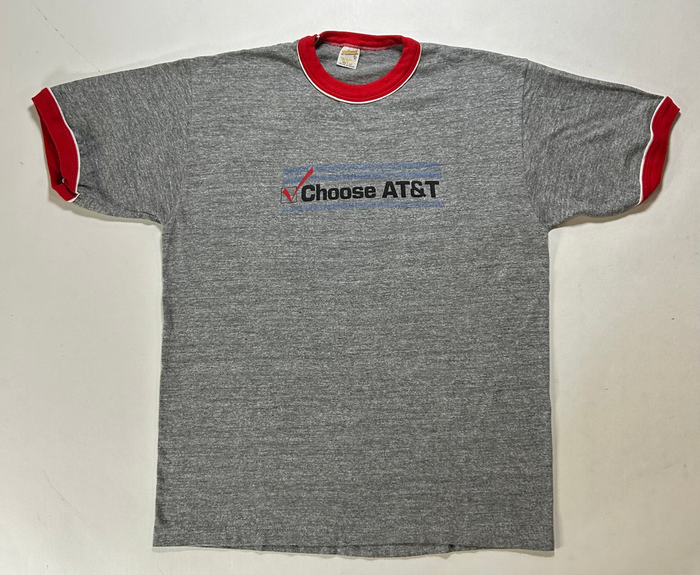 Vintage 80s AT&T Phone Choose AT&T Promo Ringer Tee L/M Fit 21.25x27.25 Inches Gray/Red