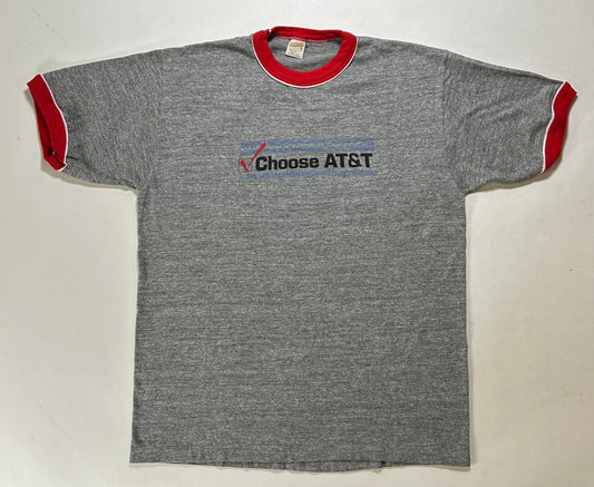 Vintage 80s AT&T Phone Choose AT&T Promo Ringer Tee L/M Fit 21.25x27.25 Inches Gray/Red