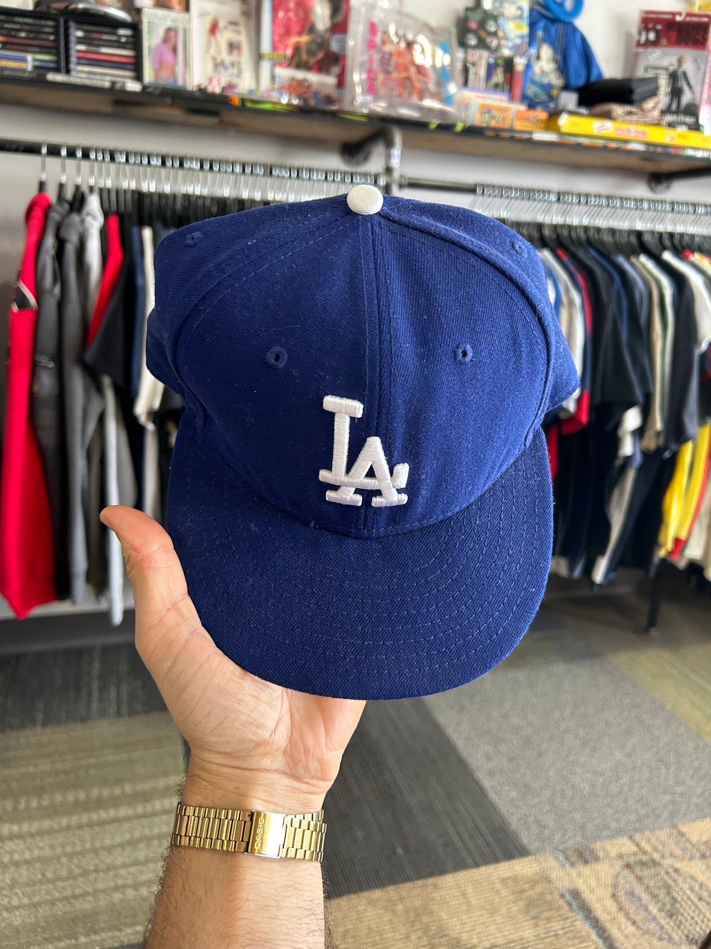 Los Angeles Dogers NewEra Hat Fitted Cap Adult Size 7 1/4 Blue LA Logo Polyester China