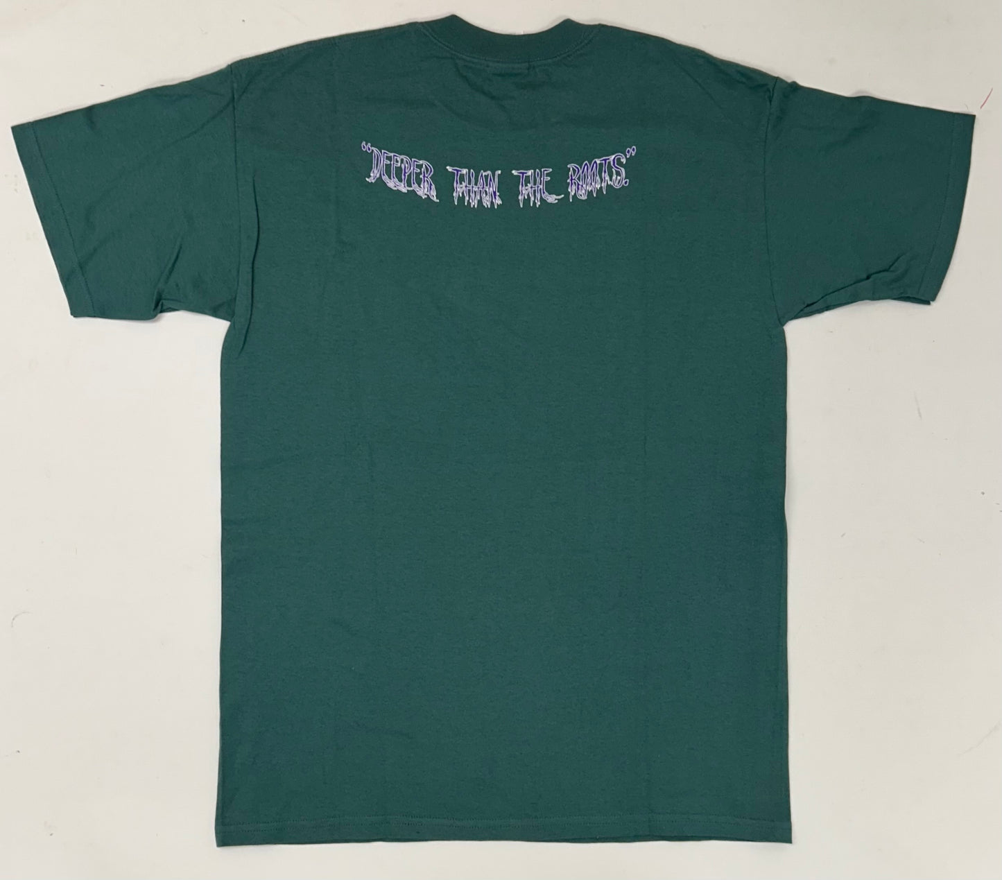 Edgewood NJ first edition “Deeper Than The Roots.” Tee Large 22x31.5 Inches 00s Gildan 100% Cotton Canada/Honduras Slate Green