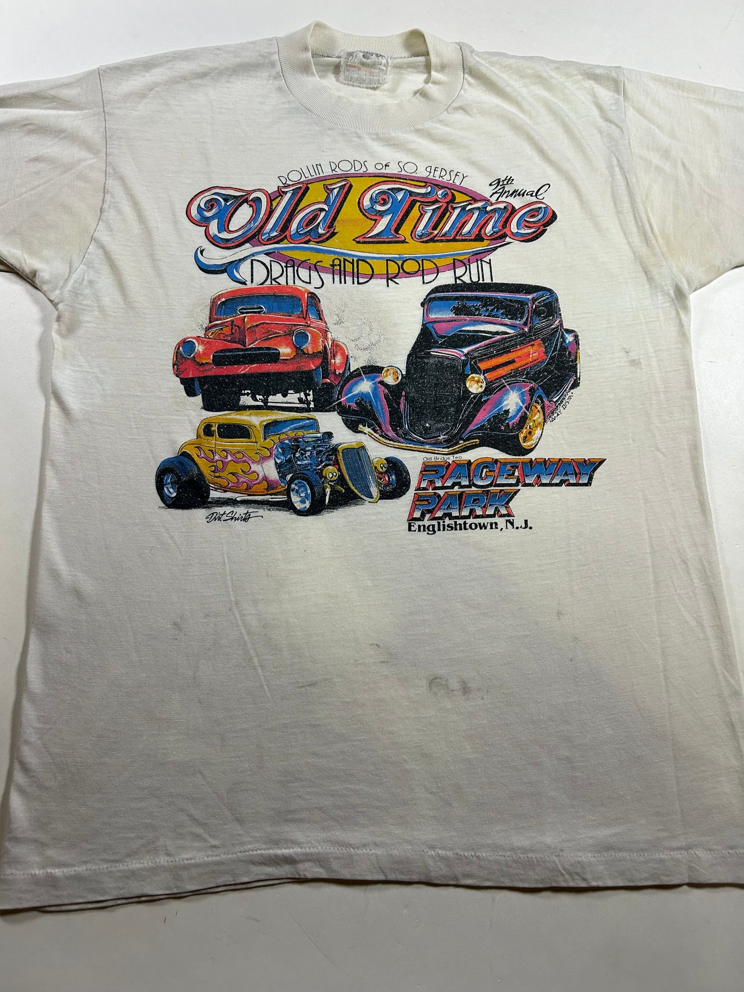 Vintage 1999 9th Annual Rollin Roda Old Time Drags And Rod Run Raceway Park Englishtown NJ Tee Paper Thin Worn In As Is M/L Fit 20x26.25 Inches
