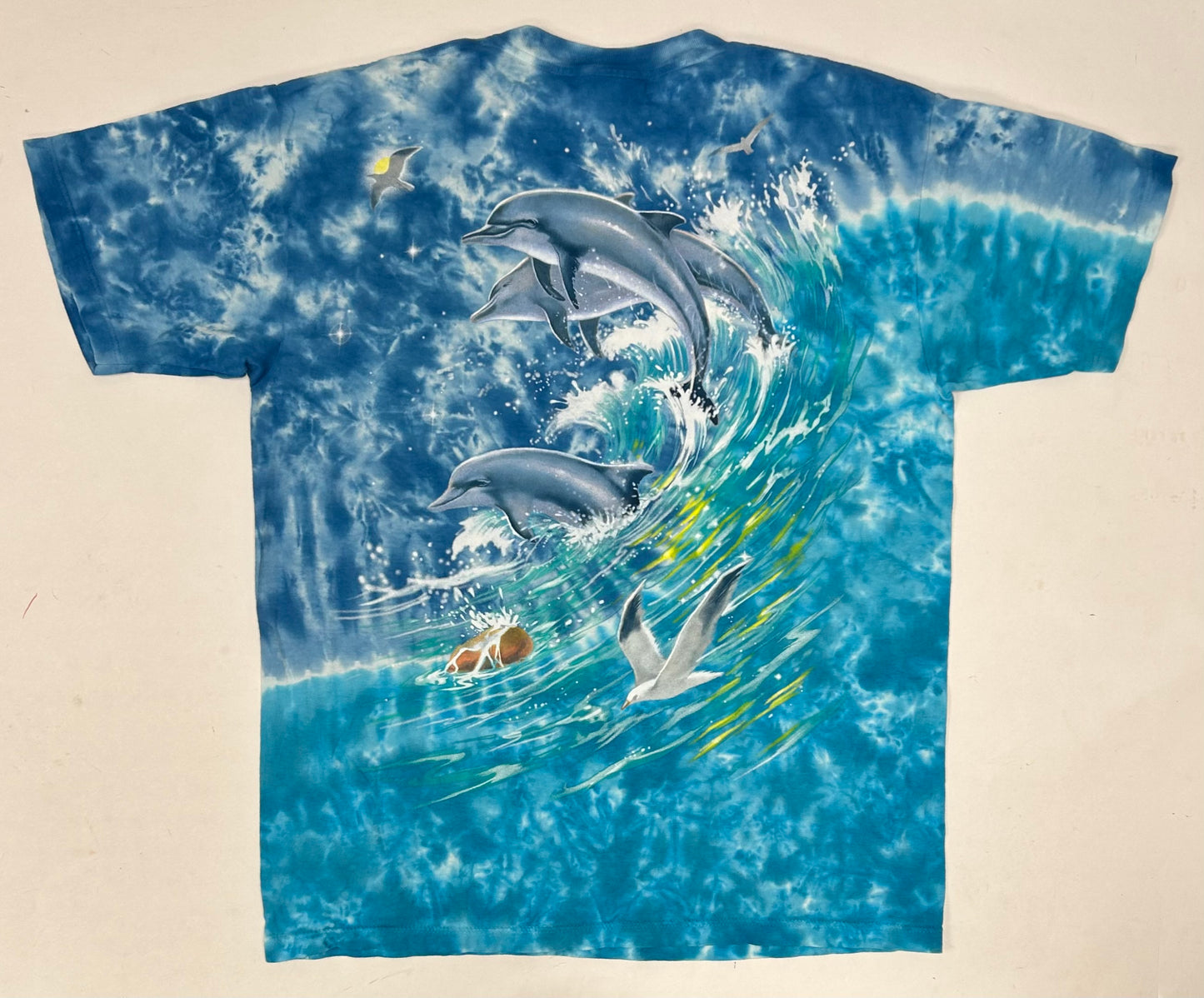 Vintage Liquid Blue Dolphin AOP Blue Ocean Tie Dye Beach Water Shirt Large 22.75xx29.5 Inches USA
