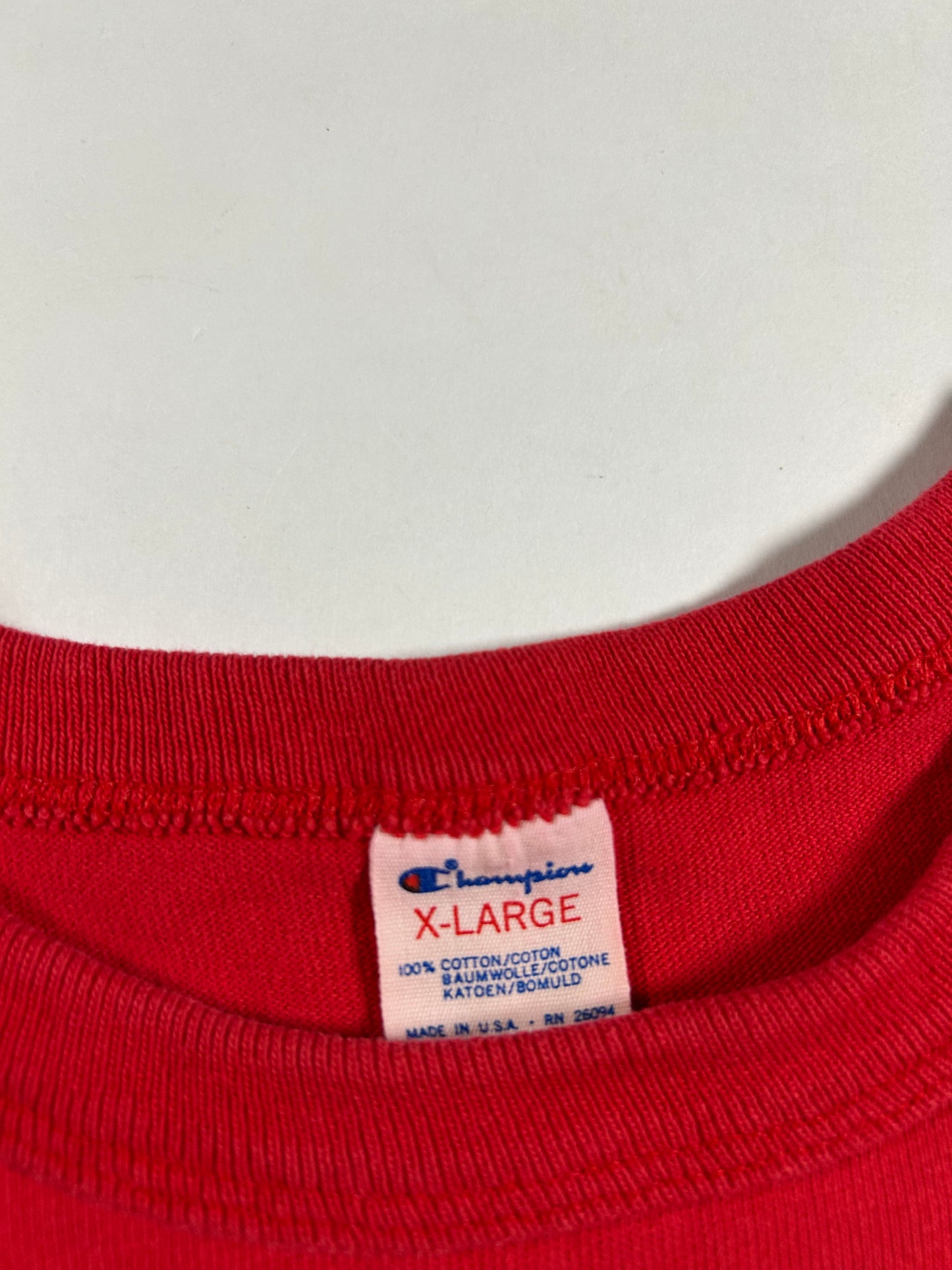 Vintage Champion Chest Script Logo Tee L/XL USA 22.25x31 Inches Red As Is