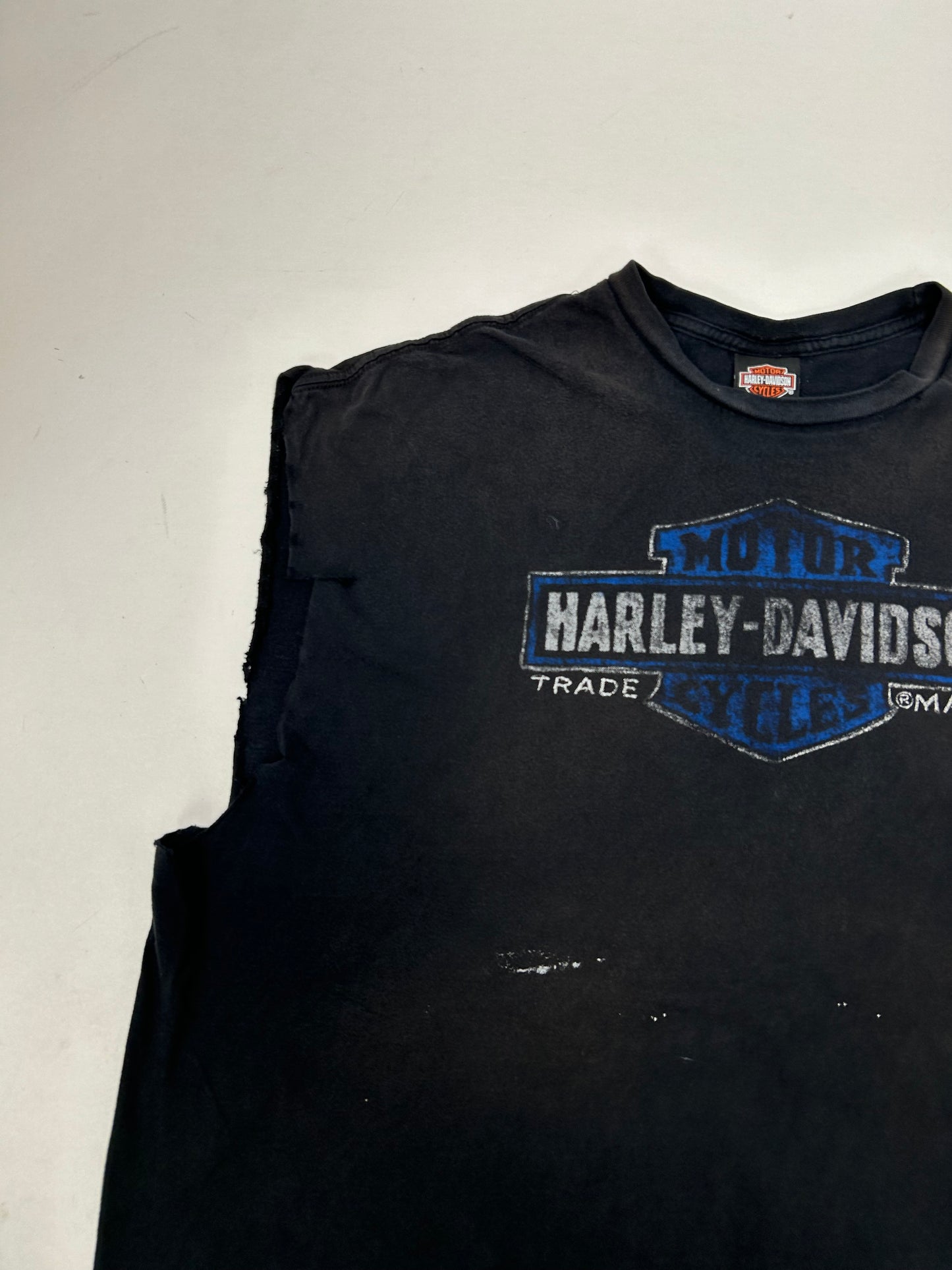 2010s Harley Davidson Motorcycles Six Bend Fort Myers Florida Chopped Sleeveless Tee 3XL 28.25x31.25 Inches As Is Wear & Fading
