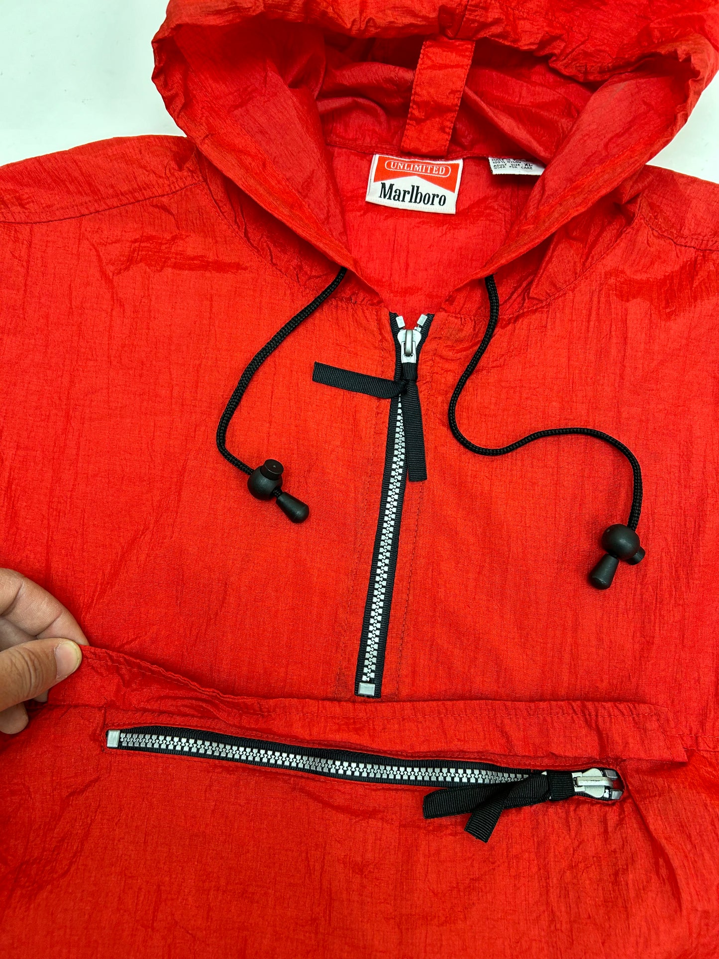 Vintage 90s Marlboro Unlimited Packable Windbreaker Jacket Red Clean XL 28.5x30.75 Inches
