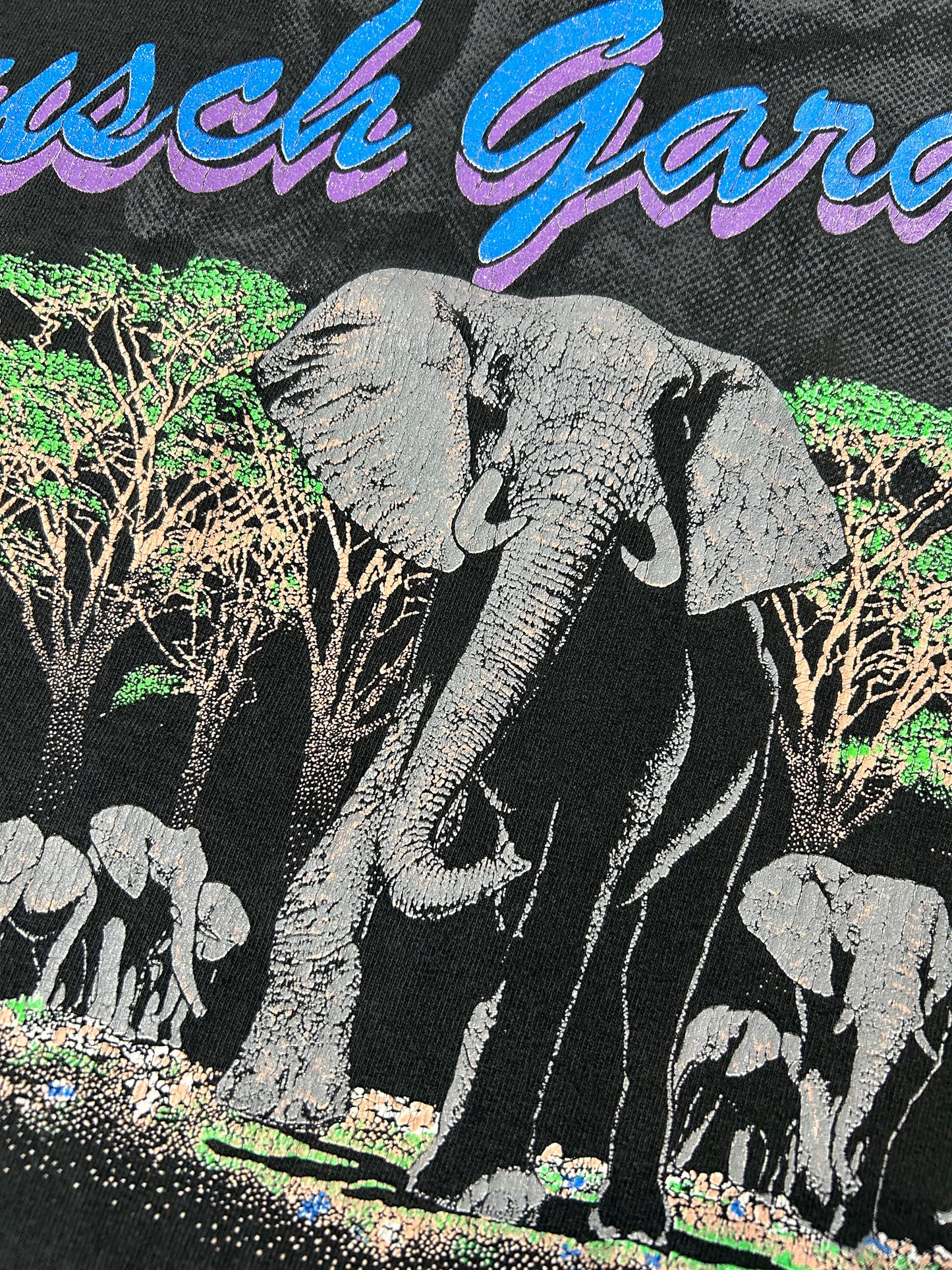 Vintage Busch Gardens Elephant Animal Graphic T-Shirt Fits Medium 19.75x28 Inches As Is Has Wear & Pin Holes Great Fade