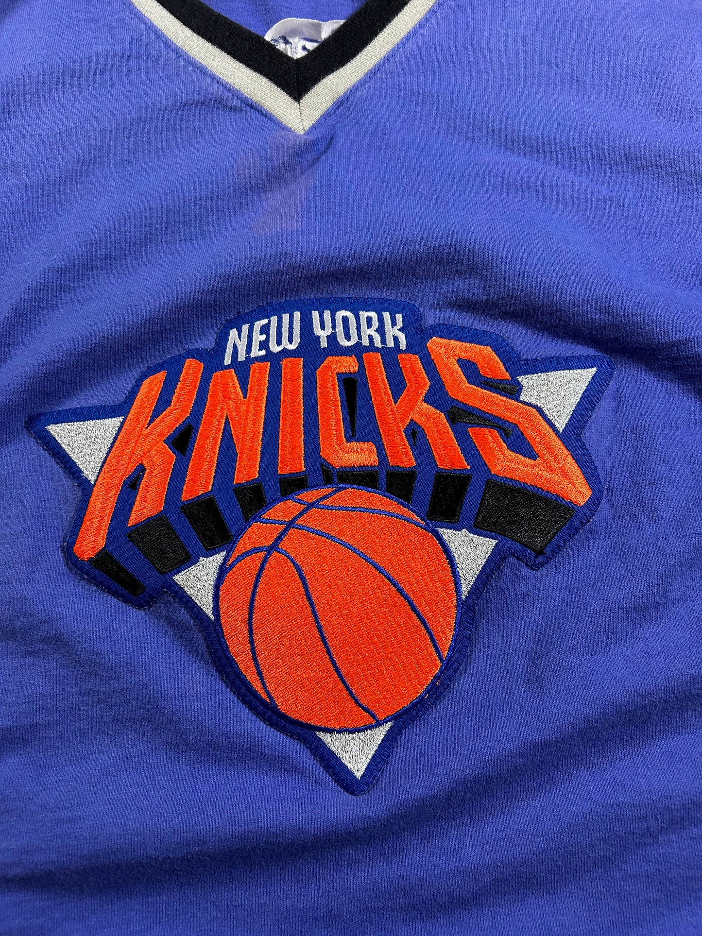 Vintage 90s New York Knicks Champion Authentic Shooting NBA Shirt XL 26x30.25 Inxhes As Is Has Faint Stain On Front Near V-Neck Area