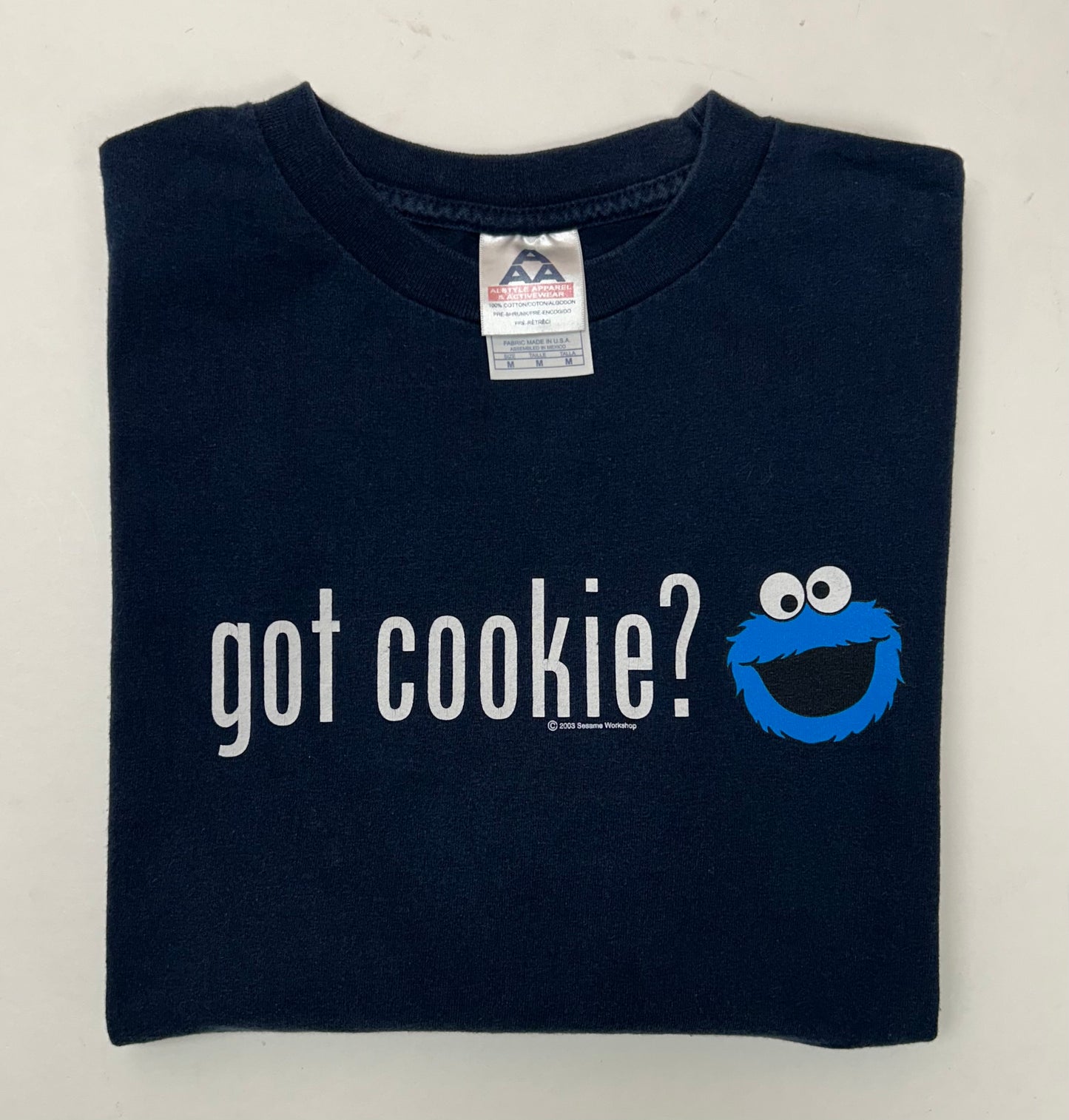 Vintage 2003 Sesame Street Cookie Montaer Got Cookie? Promo Tee Medium 19.25x26.5 Inches Navy