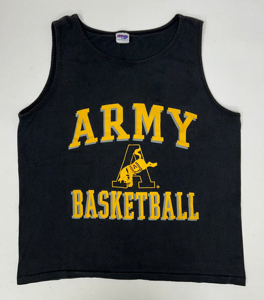 Vintage Army Basketball College Tank Top Sleeveless Muscle Shirt Large 22.5x27.25 Made In USA Blk