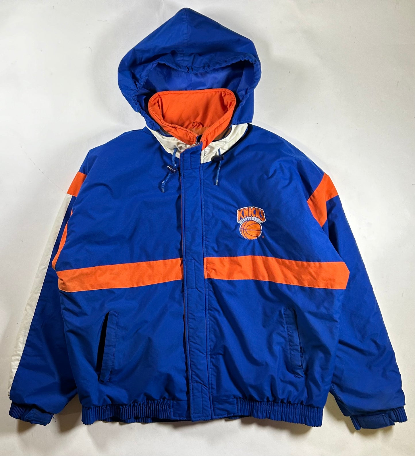 Vintage Starter New York Knicks Puffer Zip Up Packable Hood Jacket NYK XL 29x29.25 Inches As Is Has Stains 90s