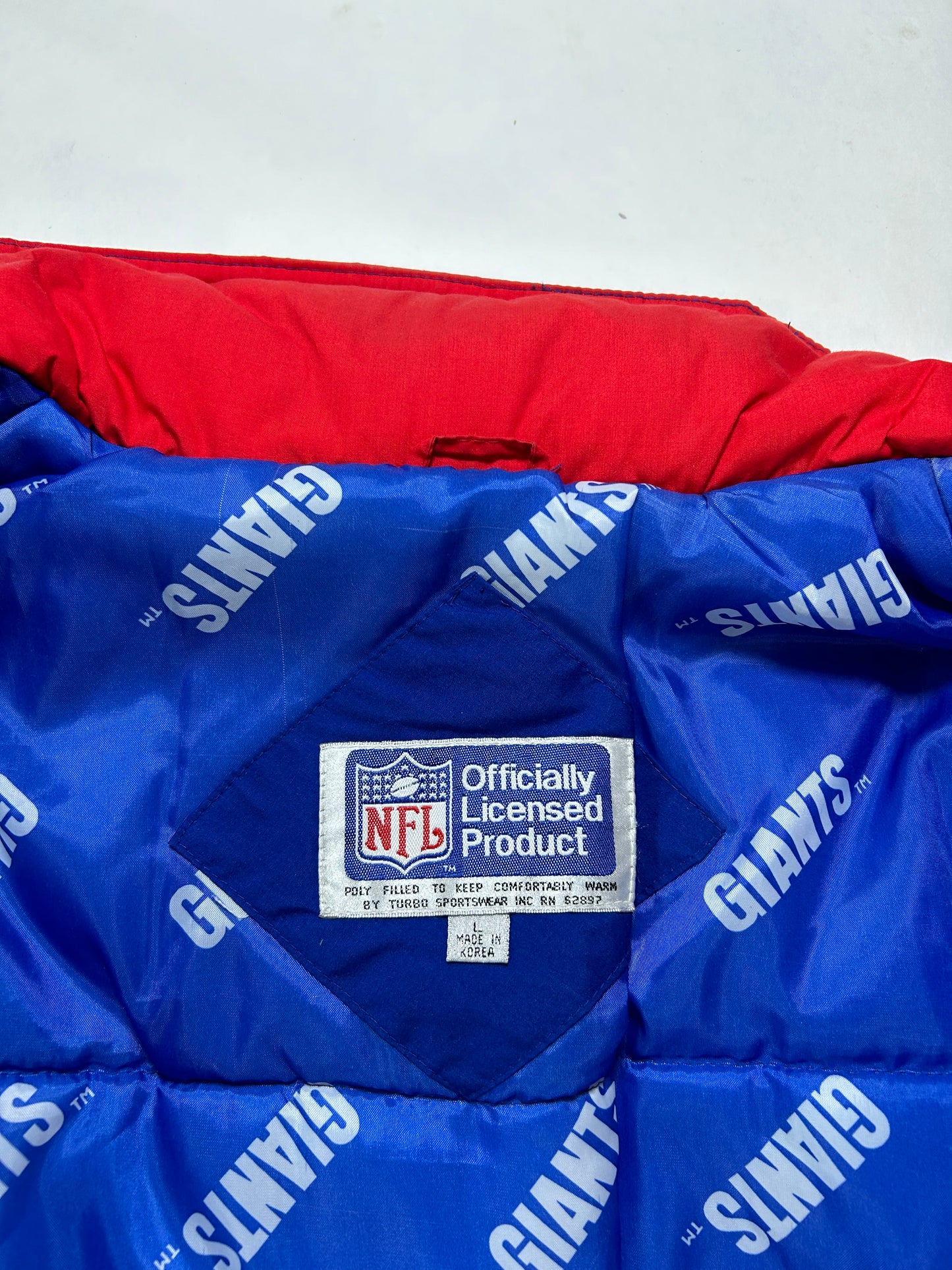 Vintage New York Giants NFL Puffer Packable Hood Jacket Large 25.75x29 Inches