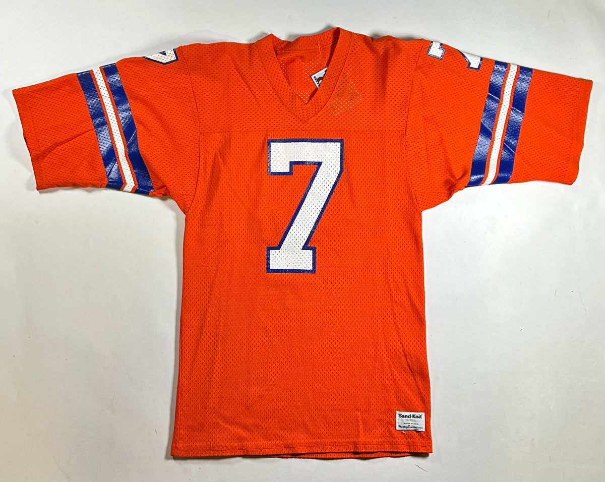 Vintage 80s Sand Knit Denver Broncos John Elway NFL Orange Jersey USA Small 17.5x30 Inches