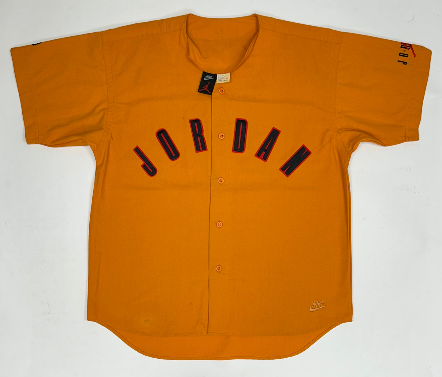 Vintage Nike Air Jordan 'Spellout Logo' Baseball Jersey Orange 1991 Rare Large 25.5x31/33.5 Inches