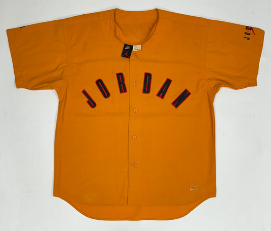 Vintage Nike Air Jordan 'Spellout Logo' Baseball Jersey Orange 1991 Rare Large 25.5x31/33.5 Inches