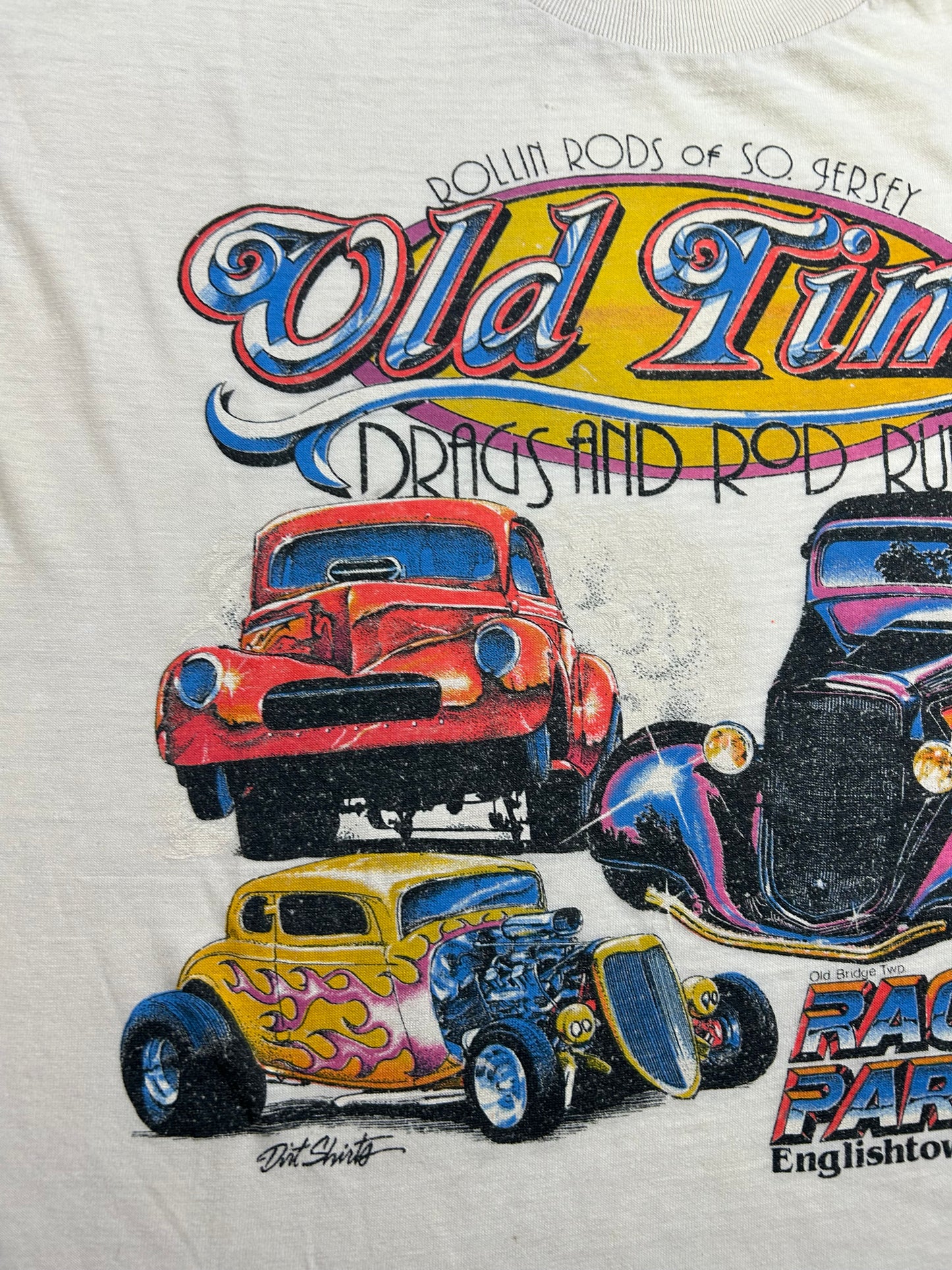 Vintage 1999 9th Annual Rollin Roda Old Time Drags And Rod Run Raceway Park Englishtown NJ Tee Paper Thin Worn In As Is M/L Fit 20x26.25 Inches