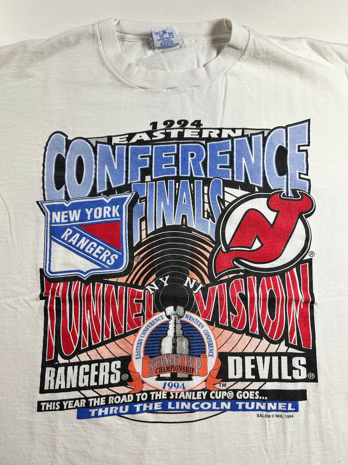 Vintage 1994 Eastern Conference Champions Tunnel Vision New York Rangers Vs. New Jersey Devils Match Up Salem Sportswear Tee Large