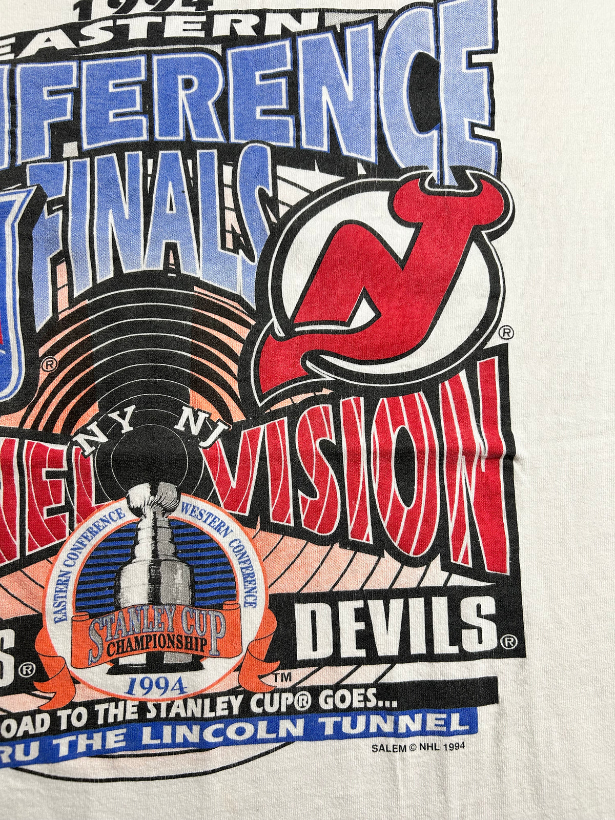 Vintage 1994 Eastern Conference Champions Tunnel Vision New York Rangers Vs. New Jersey Devils Match Up Salem Sportswear Tee Large
