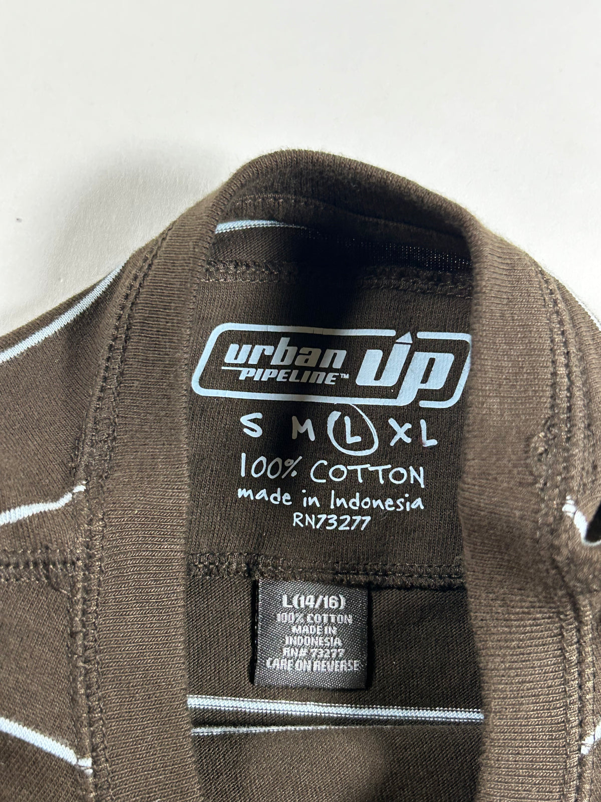Vintage Urban Pipeline UP Long Sleeve Striped Shirt Youth Large/Adult Small/XS Fit 18.75x25.75 Inches Brown/Blue
