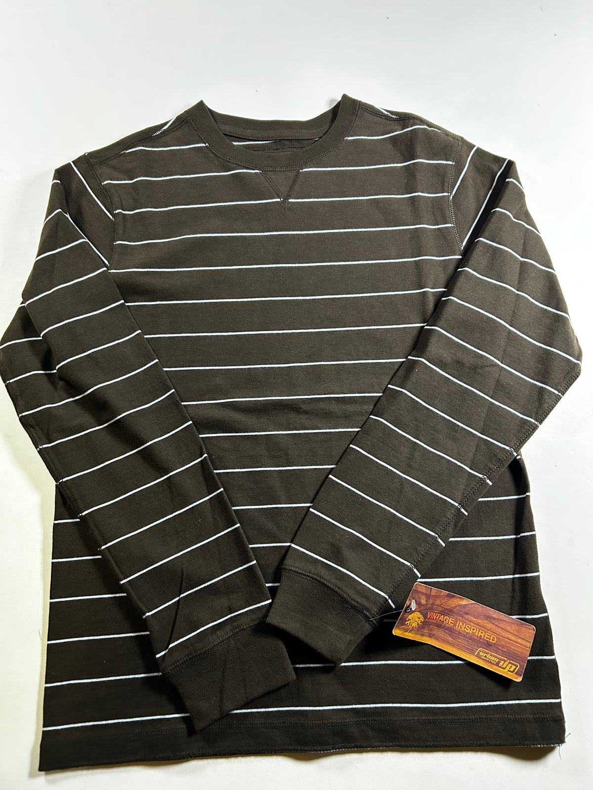 Vintage Urban Pipeline UP Long Sleeve Striped Shirt Youth Large/Adult Small/XS Fit 18.75x25.75 Inches Brown/Blue