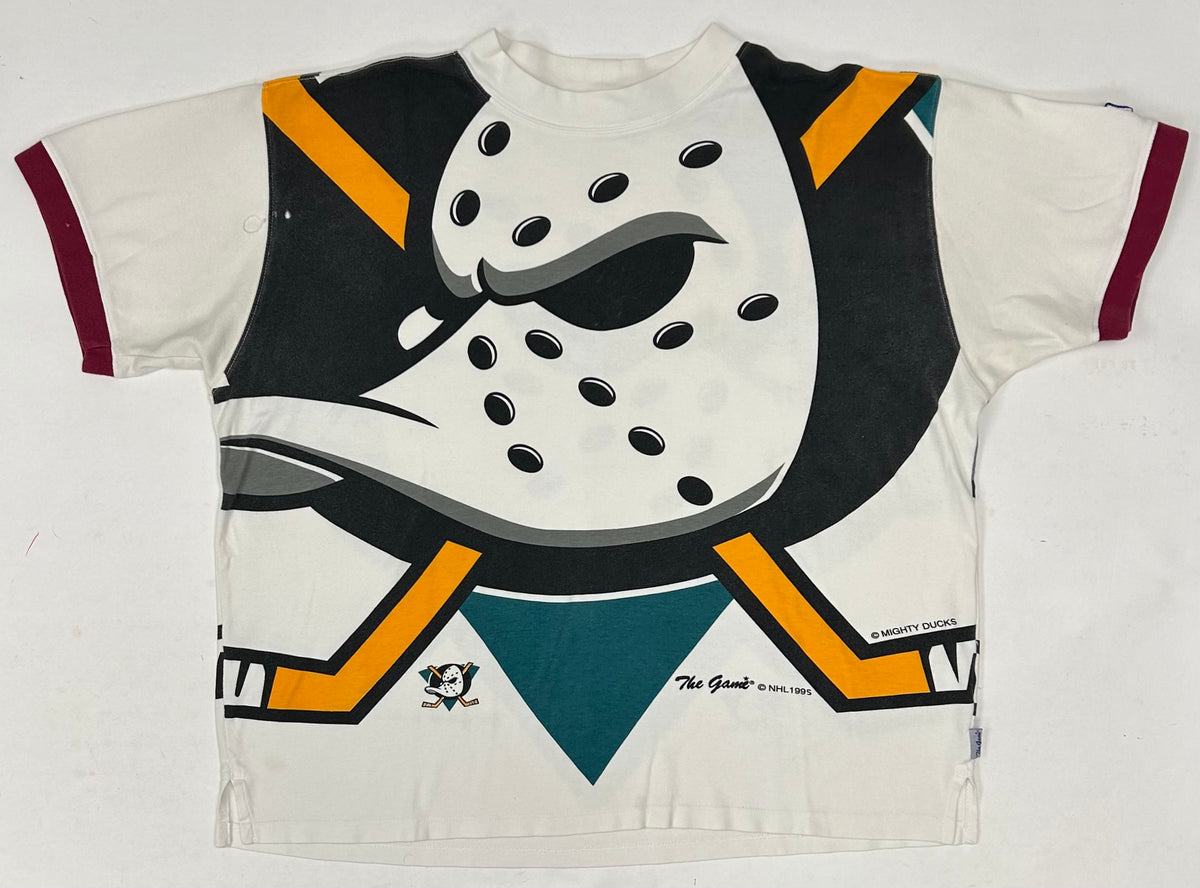 Vintage The Game Mighty Ducks Of Anaheim Big Logo All Over Print Shirt Boxy L/XL 26.5x26.5/27.5 Inches As Is