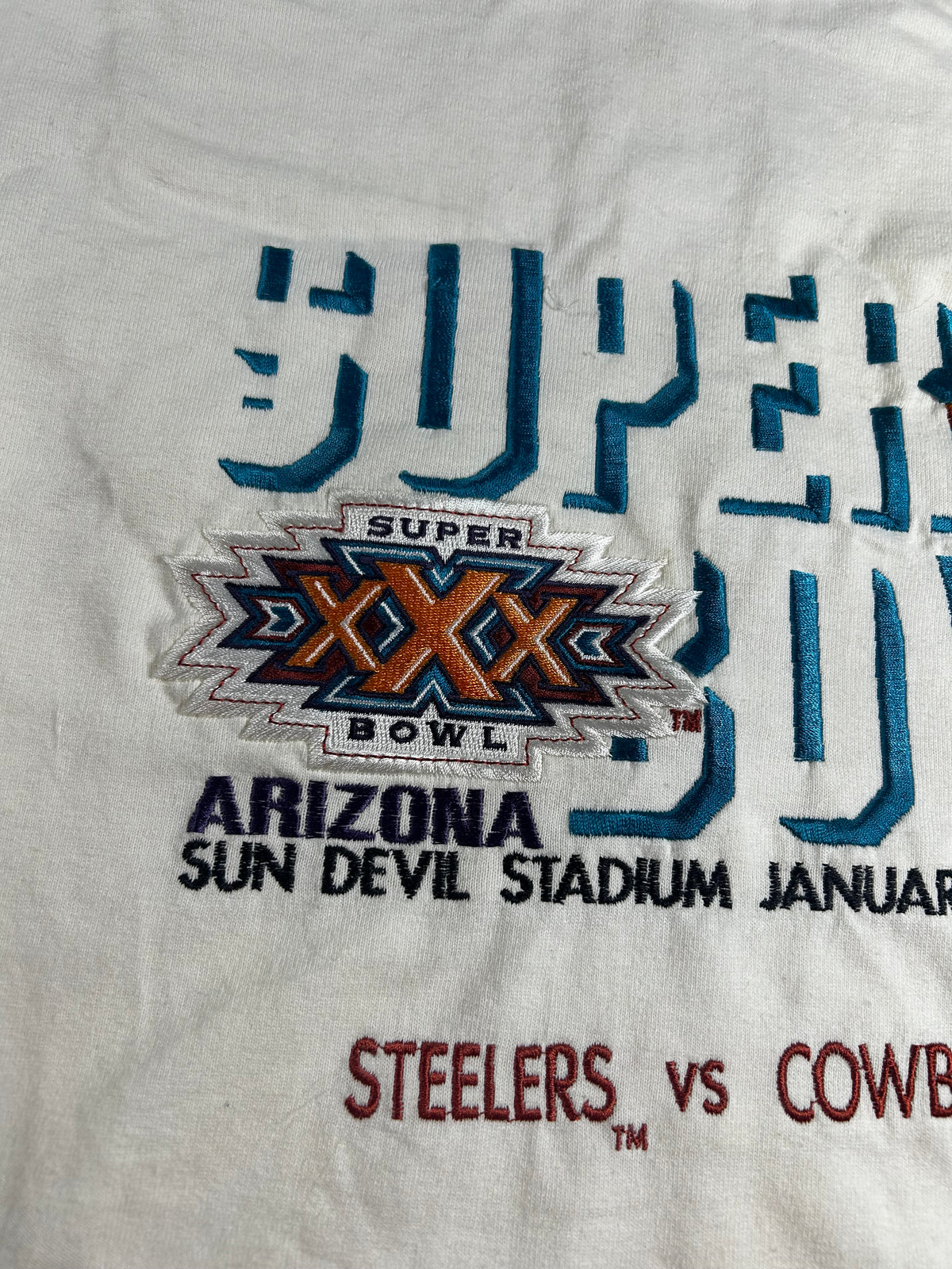 Vintage Logo Athletic NFL Super Bowl XXX Steelers Vs. Cowboys Embroidered Logo Graphic Football Tee 2XL 26.75x33.25 Inches