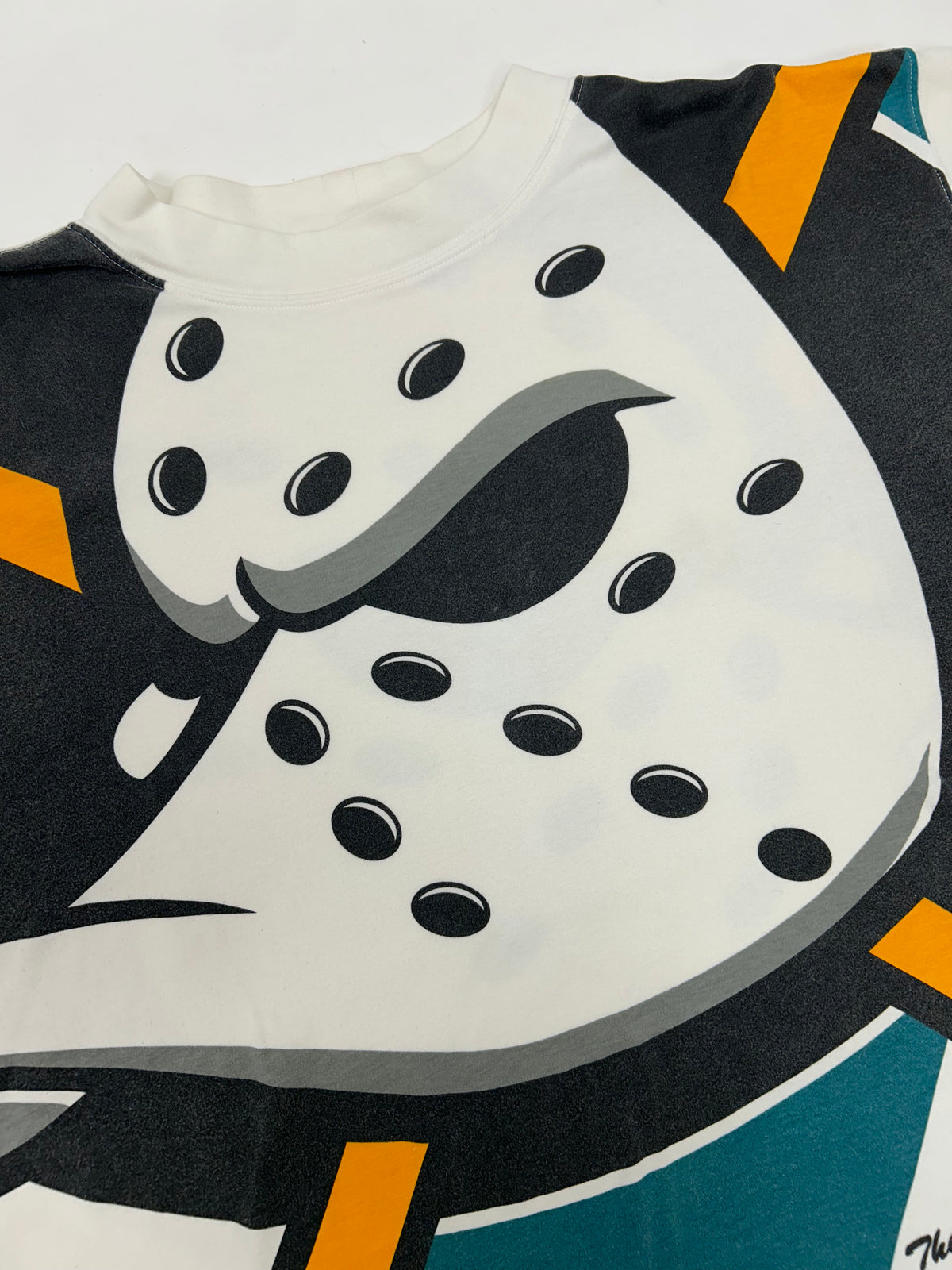 Vintage The Game Mighty Ducks Of Anaheim Big Logo All Over Print Shirt Boxy L/XL 26.5x26.5/27.5 Inches As Is