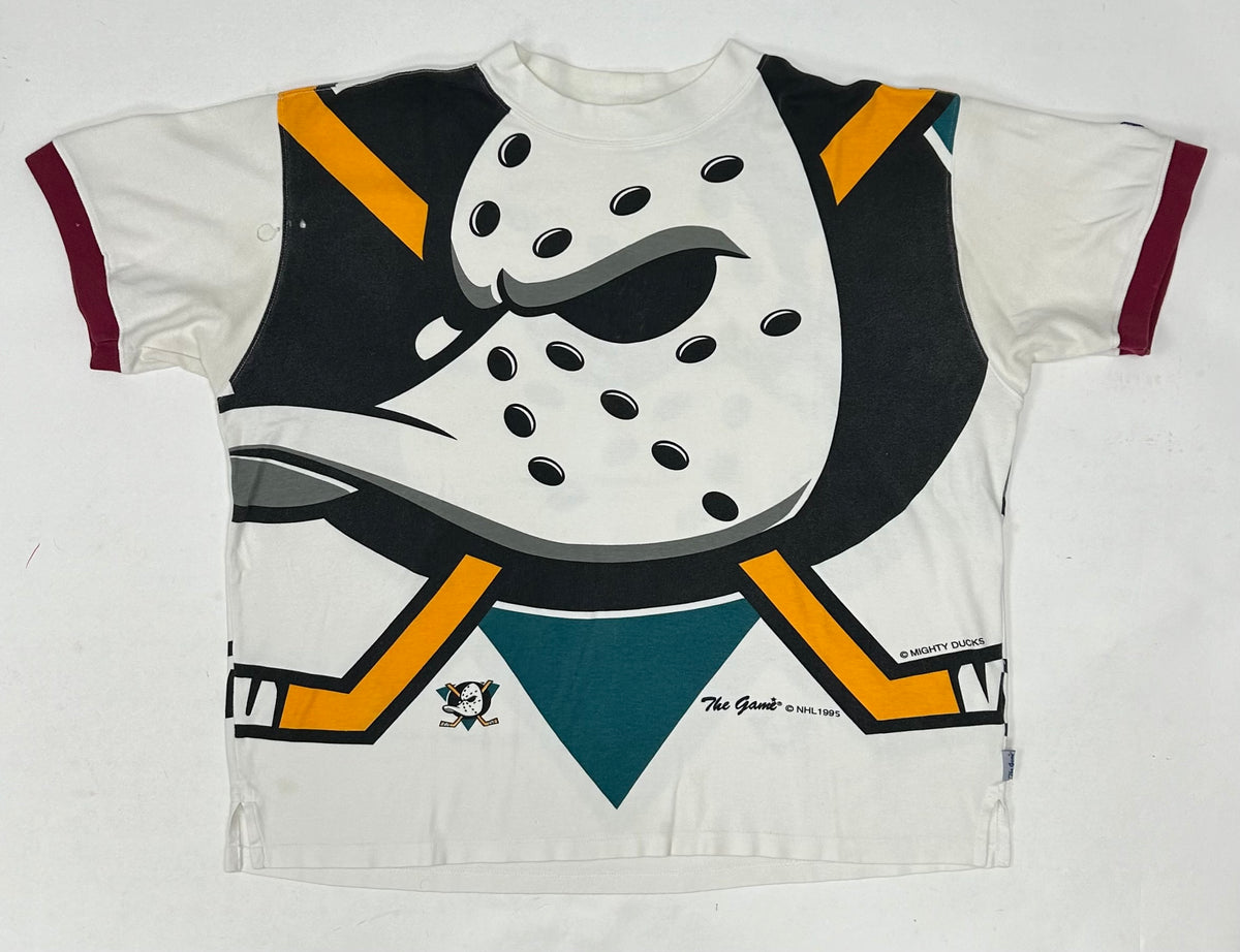 Vintage The Game Mighty Ducks Of Anaheim Big Logo All Over Print Shirt Boxy L/XL 26.5x26.5/27.5 Inches As Is