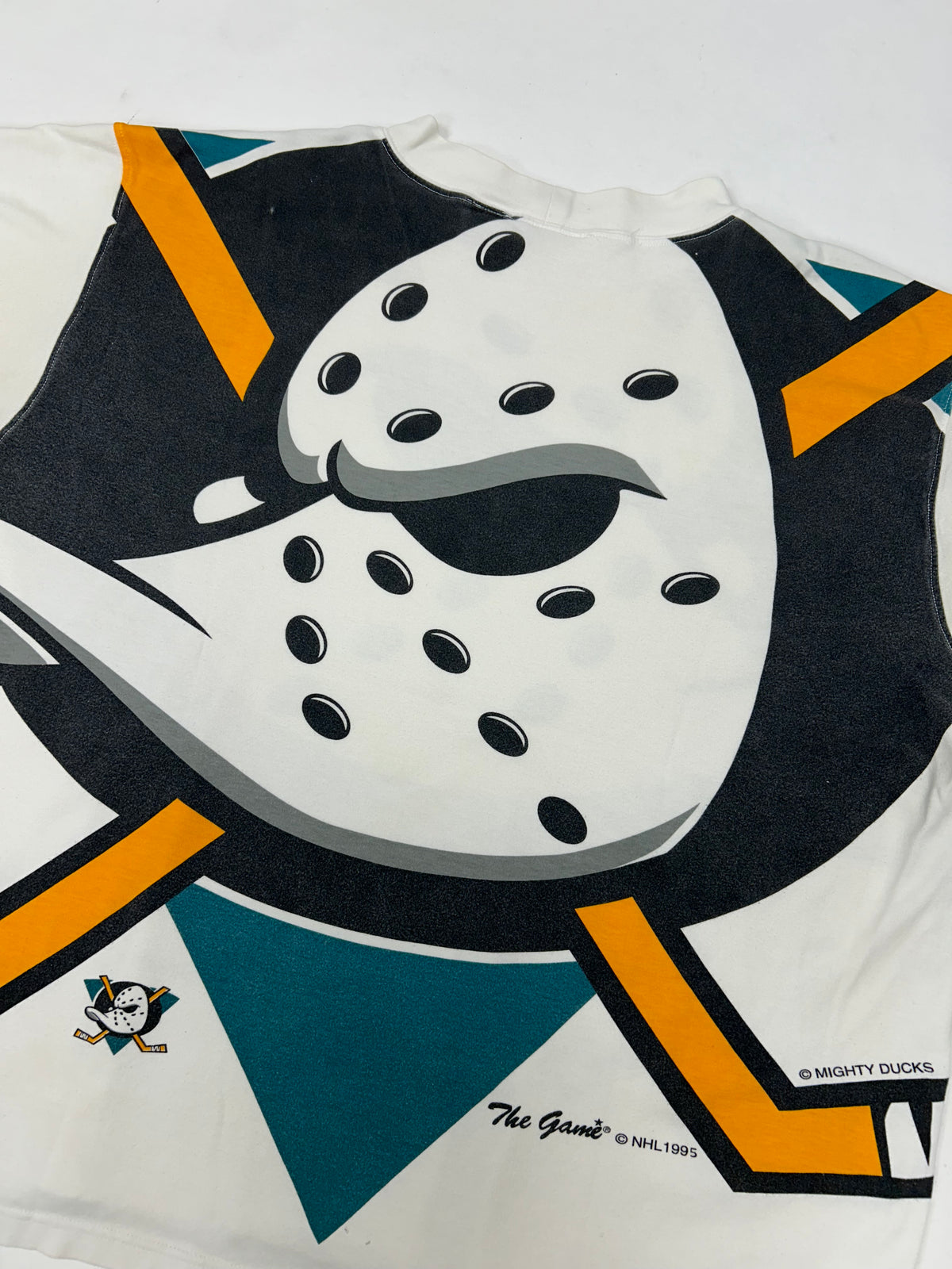 Vintage The Game Mighty Ducks Of Anaheim Big Logo All Over Print Shirt Boxy L/XL 26.5x26.5/27.5 Inches As Is