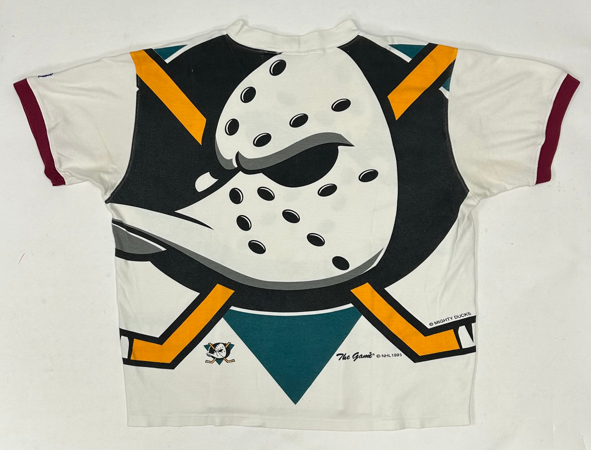 Vintage The Game Mighty Ducks Of Anaheim Big Logo All Over Print Shirt Boxy L/XL 26.5x26.5/27.5 Inches As Is