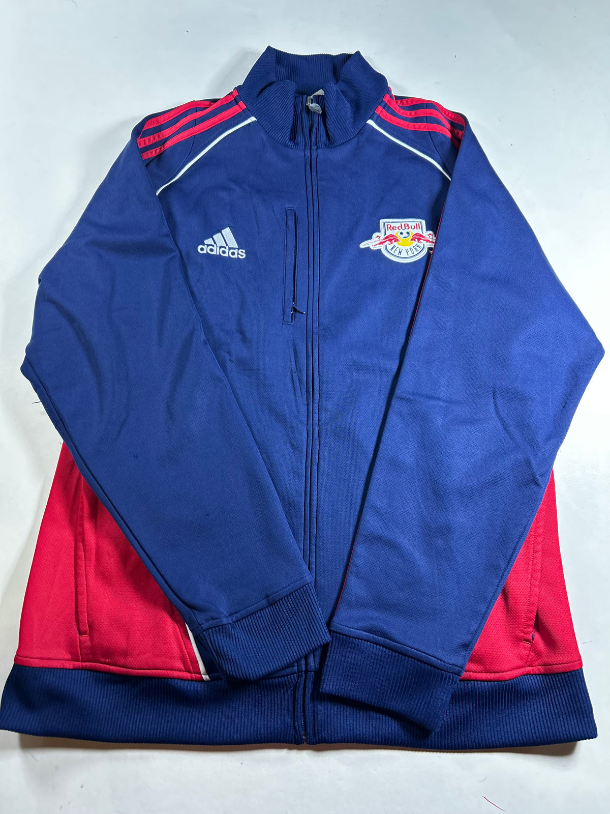Vintage Red Bull NY Warm Up Jacket MLS Soccer Track Jacket Large 22.25x30 Inches As Is
