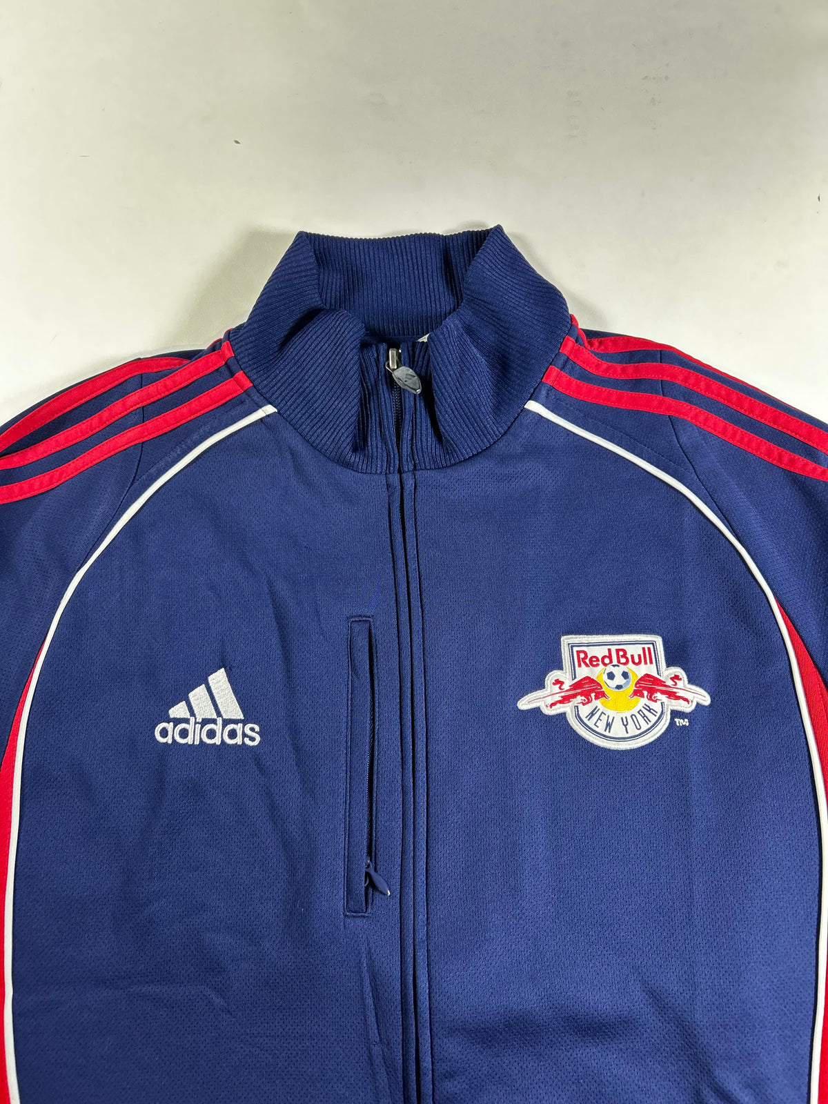 Vintage Red Bull NY Warm Up Jacket MLS Soccer Track Jacket Large 22.25x30 Inches As Is
