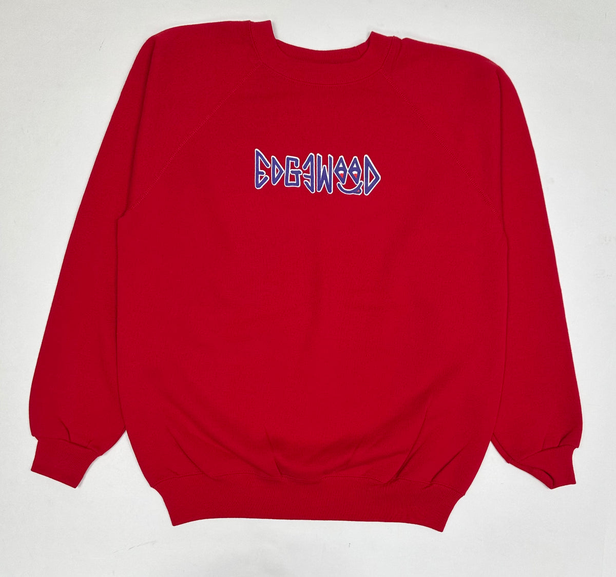 Edgewood NJ first edition “Deeper Than The Roots.” 1/1 Raglan Crewneck Sweatshirt Medium Fit 21.75x27 Inches Red As Is