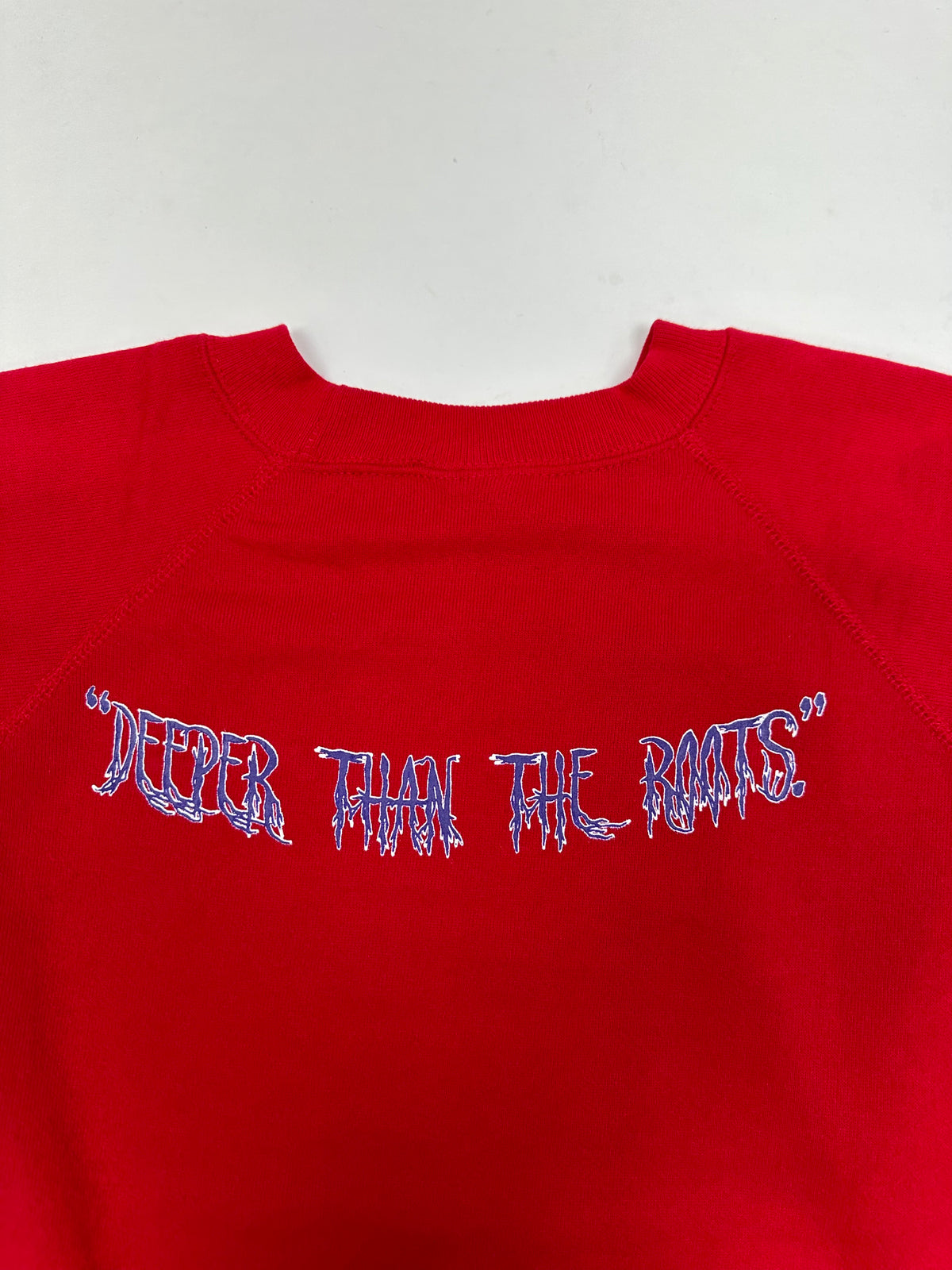 Edgewood NJ first edition “Deeper Than The Roots.” 1/1 Raglan Crewneck Sweatshirt Medium Fit 21.75x27 Inches Red As Is