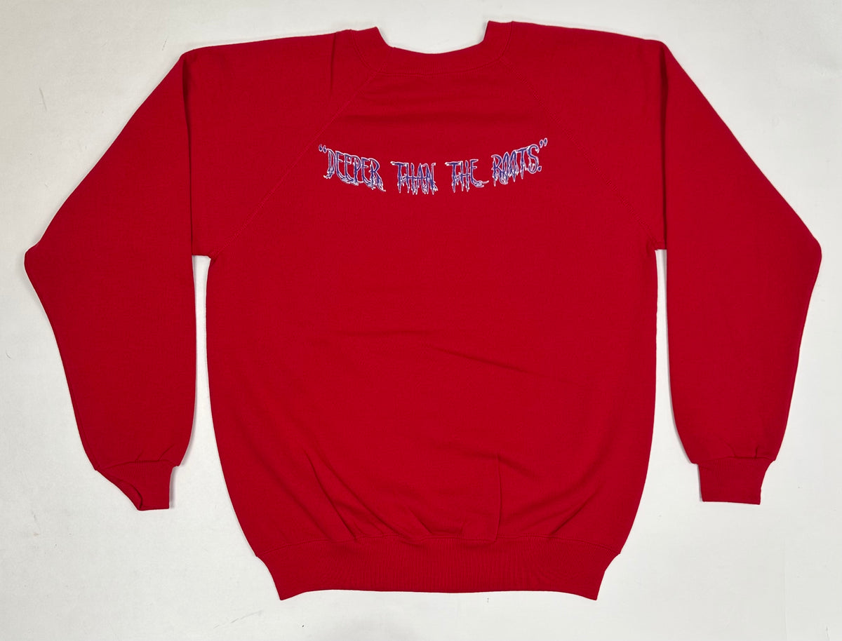 Edgewood NJ first edition “Deeper Than The Roots.” 1/1 Raglan Crewneck Sweatshirt Medium Fit 21.75x27 Inches Red As Is